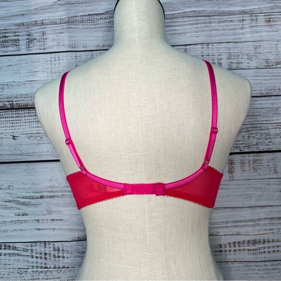 Gossard 34A Superboost Lace Padded Plunge Bra Rose Red Pink Underwire Mesh - Picture 2 of 14